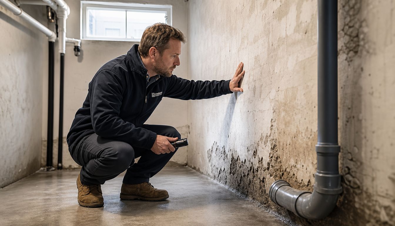 En fagmand inspicerer en fugtig kældervæg for at vurdere behovet for professionel kælderrenovering og fugtsikring i København.