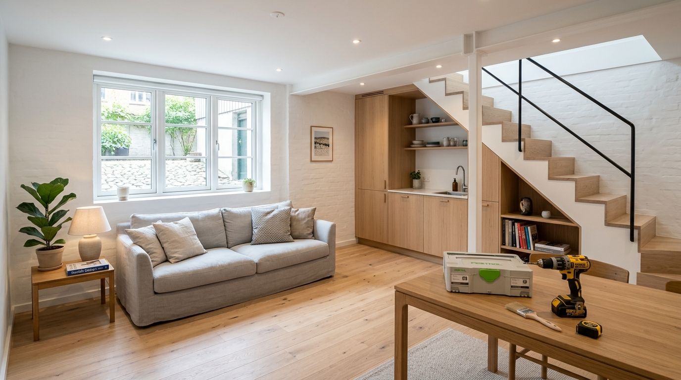 Stilfuld moderne kælderstue med sofa, trætrappe og indbygget køkken i lyst skandinavisk interiør og design.