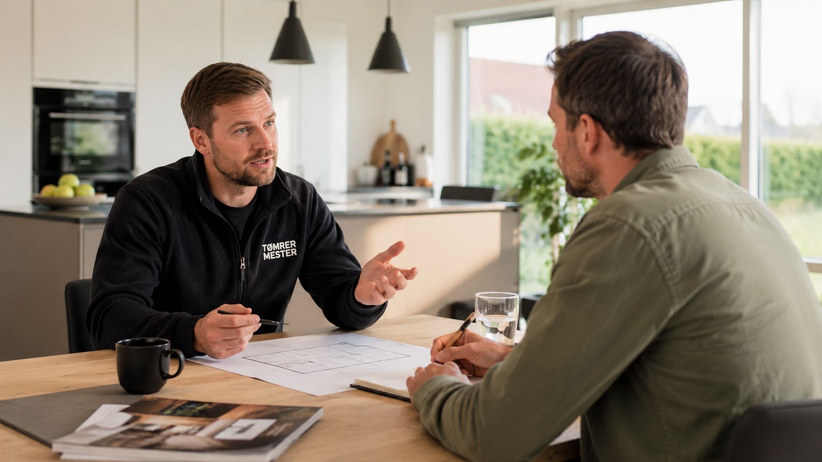En professionel tømrer i en sort jakke gennemgår byggeplaner sammen med en kunde ved et træbord.