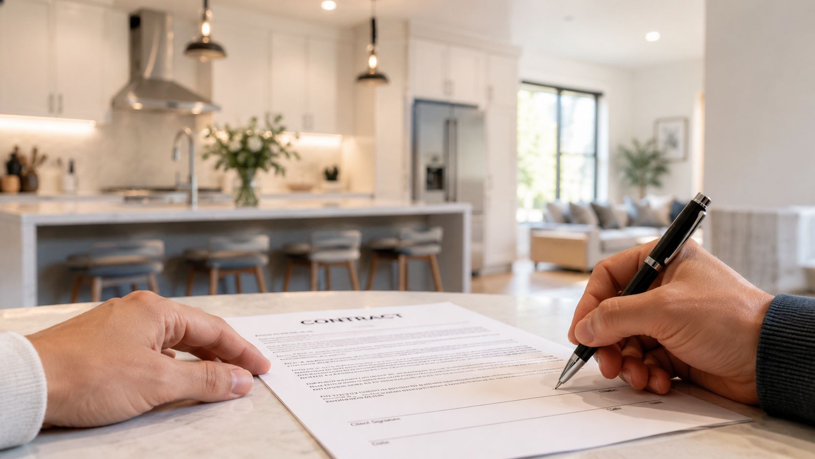 En person forbereder sig på at underskrive en kontrakt ved et bord i et moderne køkkenmiljø.