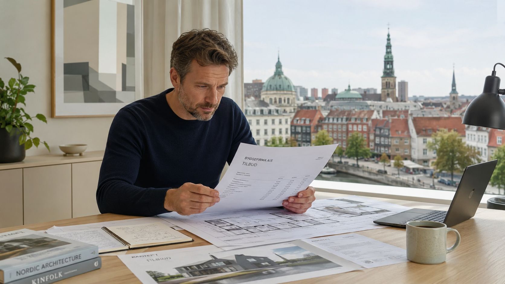 En professionel mand, der arbejder ved sit skrivebord med byggetegninger og dokumenter fra et tømrerfirma med udsigt.