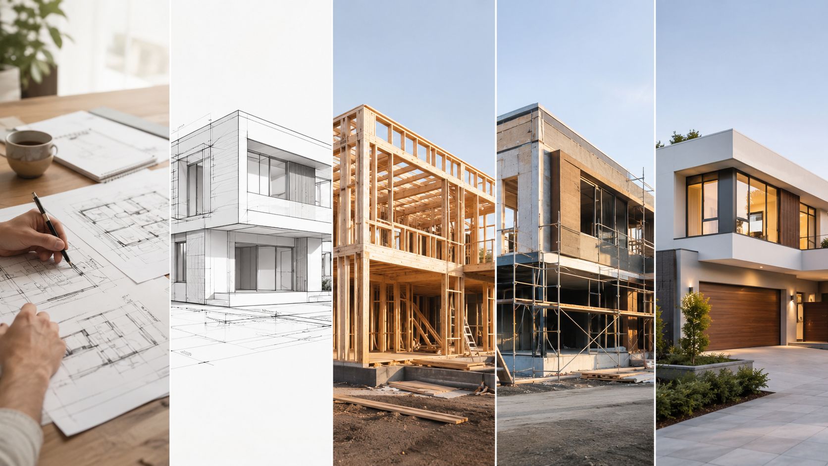 En kollage der viser processen fra arkitektens tegninger til det færdige moderne husbyggeri.