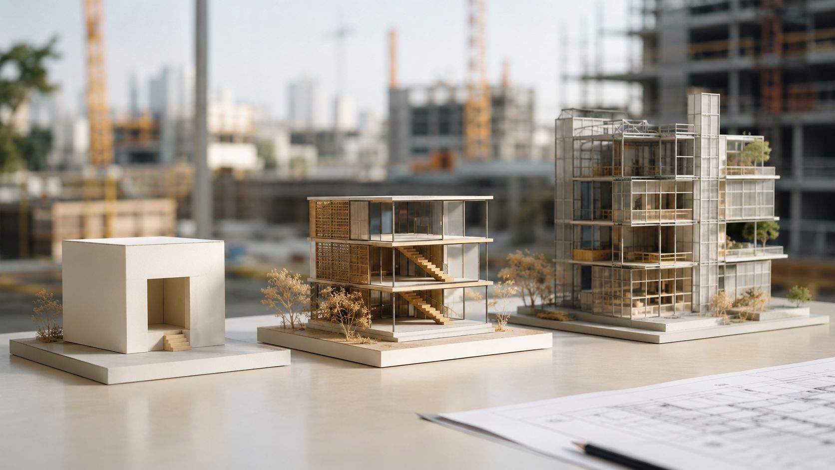 Tre arkitektoniske modeller af moderne bygninger står på et bord foran en igangværende byggeplads.