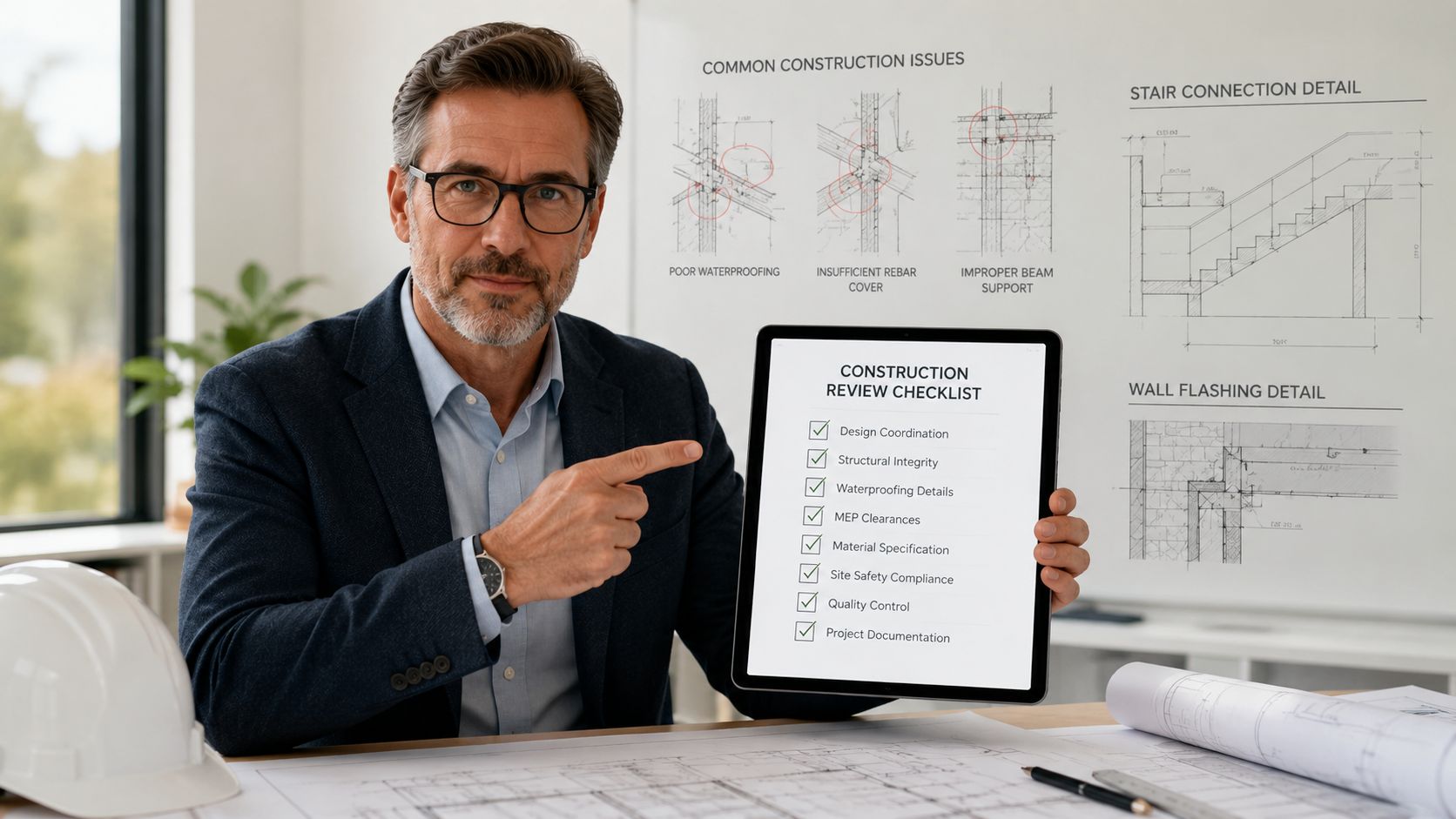 En professionel bygningsingeniør viser en tablet med en konstruktionstjekliste i sit moderne kontor med plantegninger.