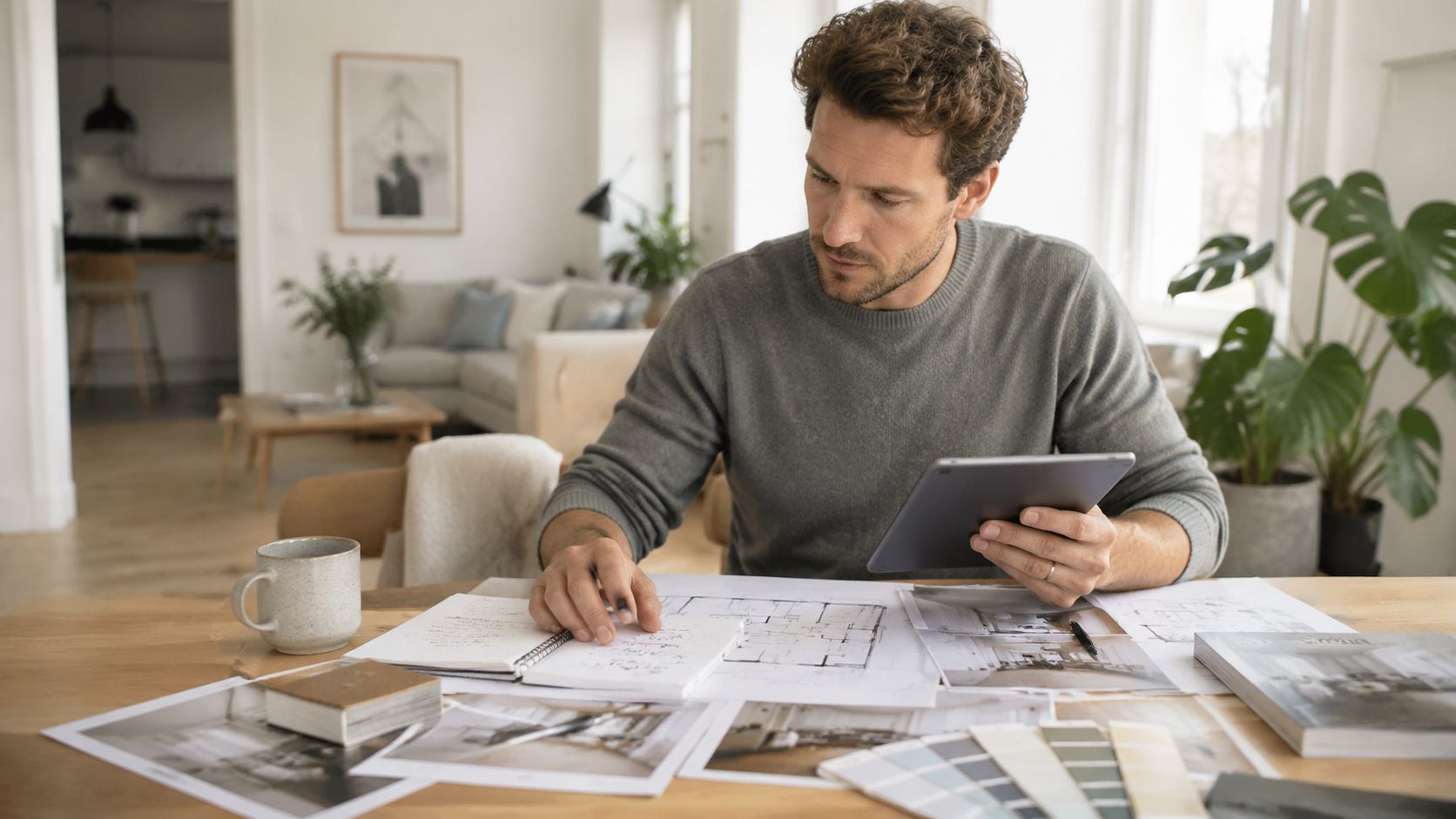En arkitekt eller designer arbejder koncentreret ved et bord med plantegninger, farveprøver og en tablet i en stue.