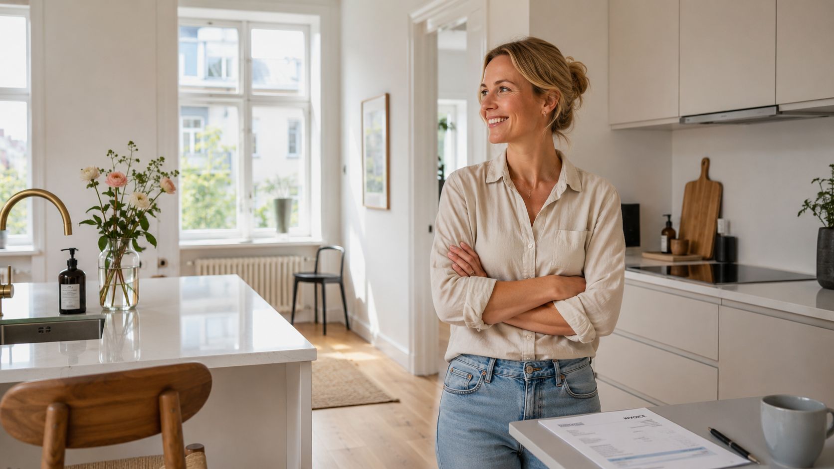 En smilende kvinde står i et lyst og moderne køkken med en faktura på bordet.
