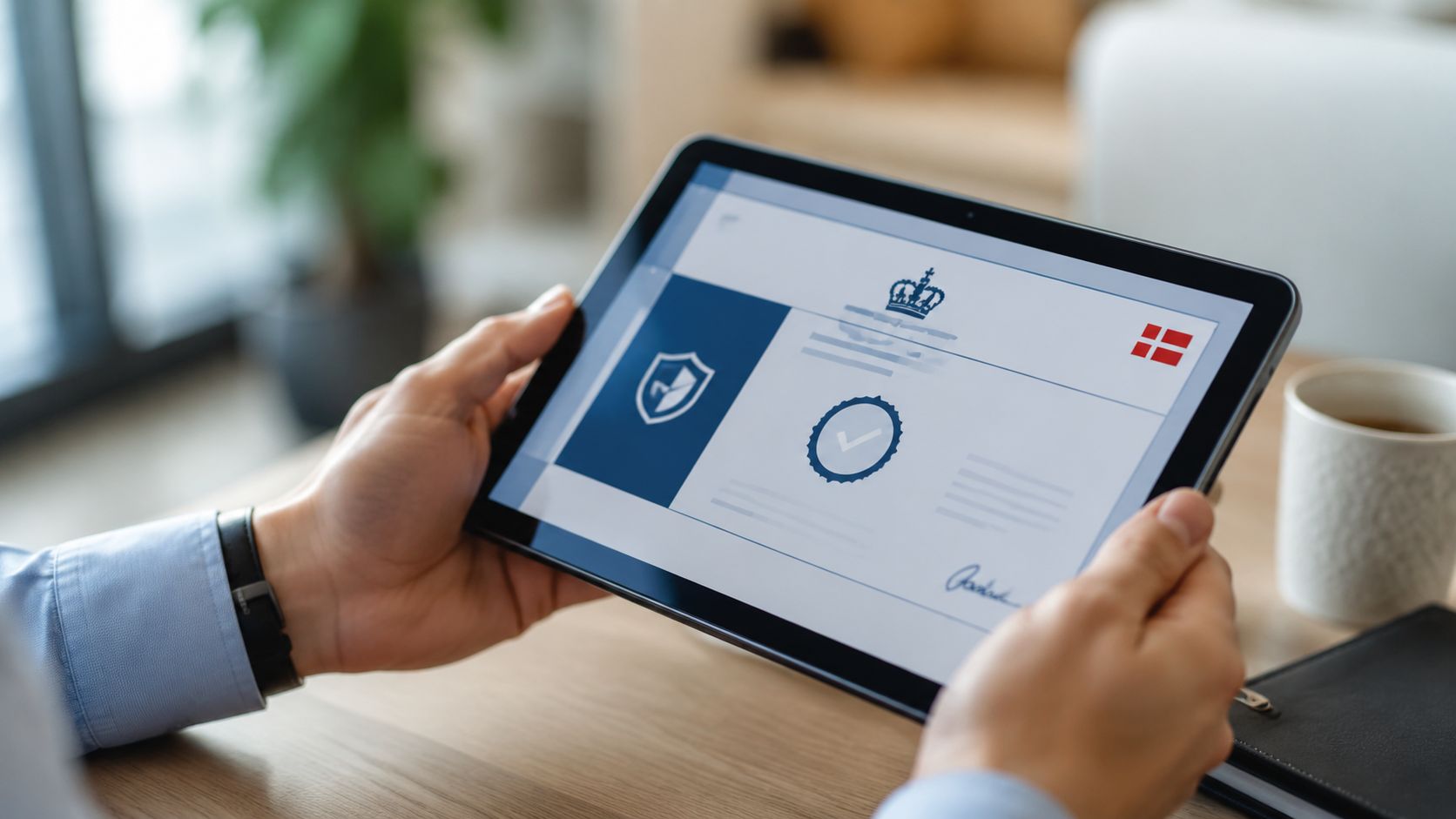 En person holder en tablet med et officielt dansk digitalt certifikat eller en godkendelse med flaget.