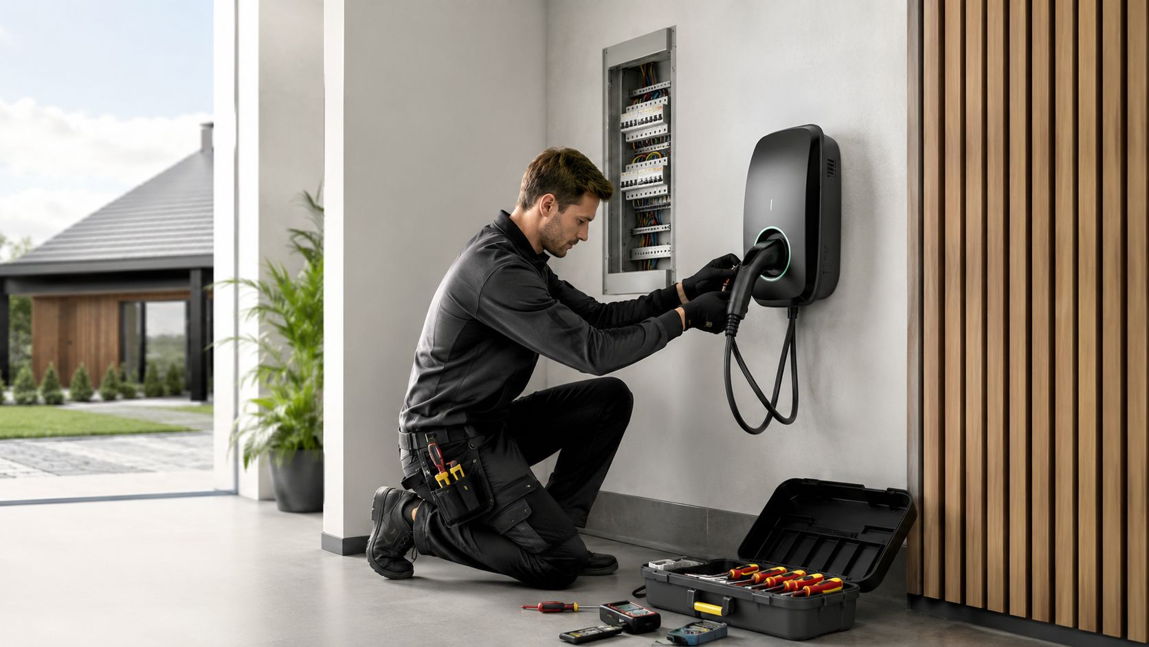 En elektriker installerer en elbil-oplader på væggen ved siden af et el-skab i et moderne hjem.