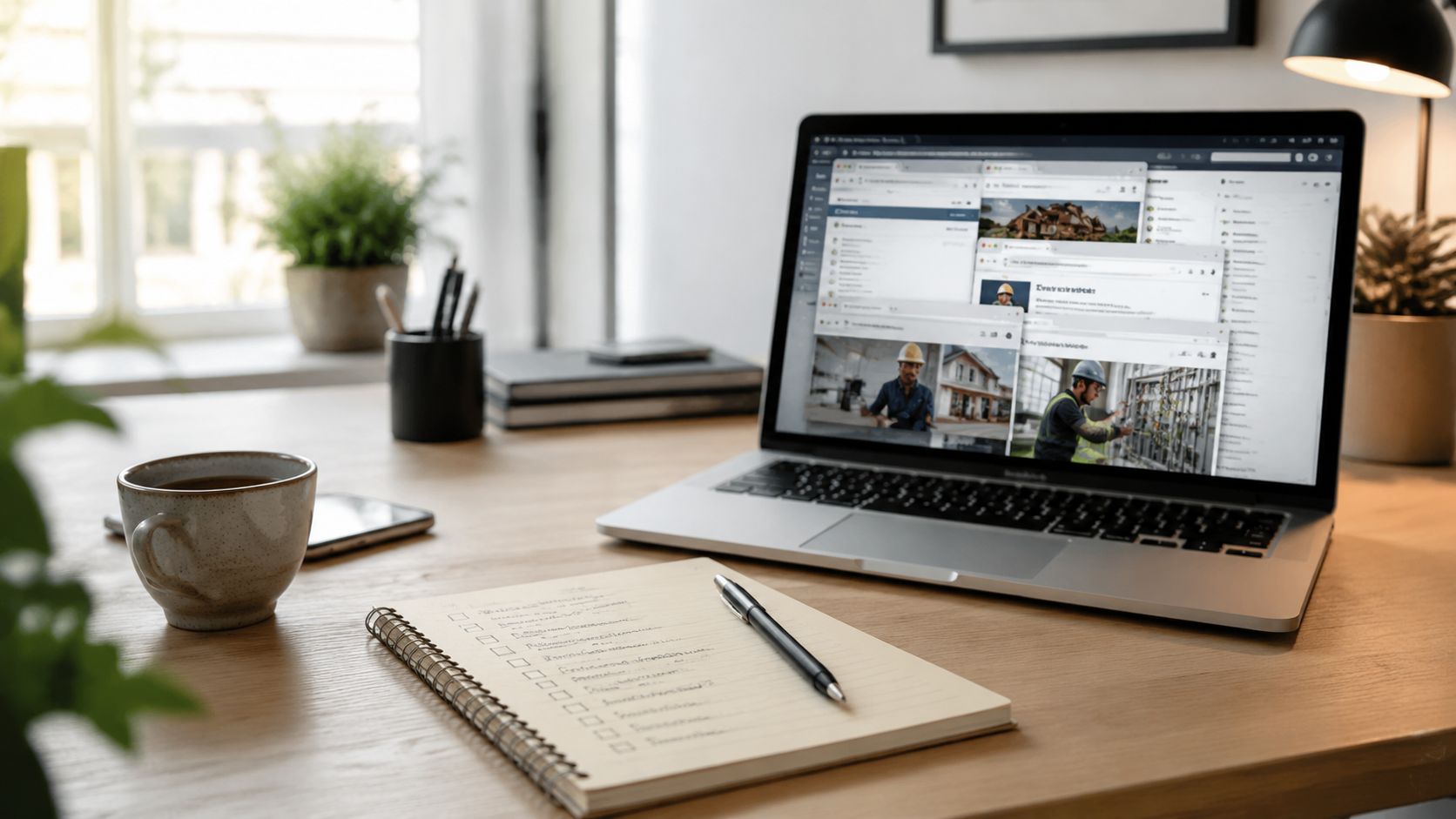 Et velorganiseret skrivebord med en bærbar computer, notesbog og en kop kaffe til en elektriker i Jyllinge.