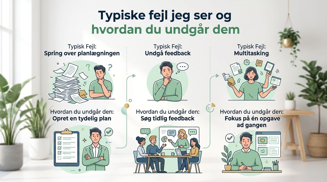 En illustration der viser tre typiske arbejdsmæssige fejl og løsninger til at undgå dem for bedre effektivitet.