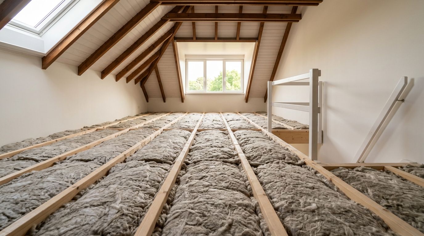 Et loftrum under renovering med synlige spær og isoleringsmateriale lagt ud mellem træbjælkelaget i gulvet.