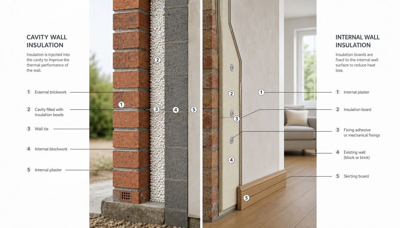 En illustration der sammenligner hulmursisolering og indvendig vægisolering i et moderne hus til forbedring af energieffektivitet.