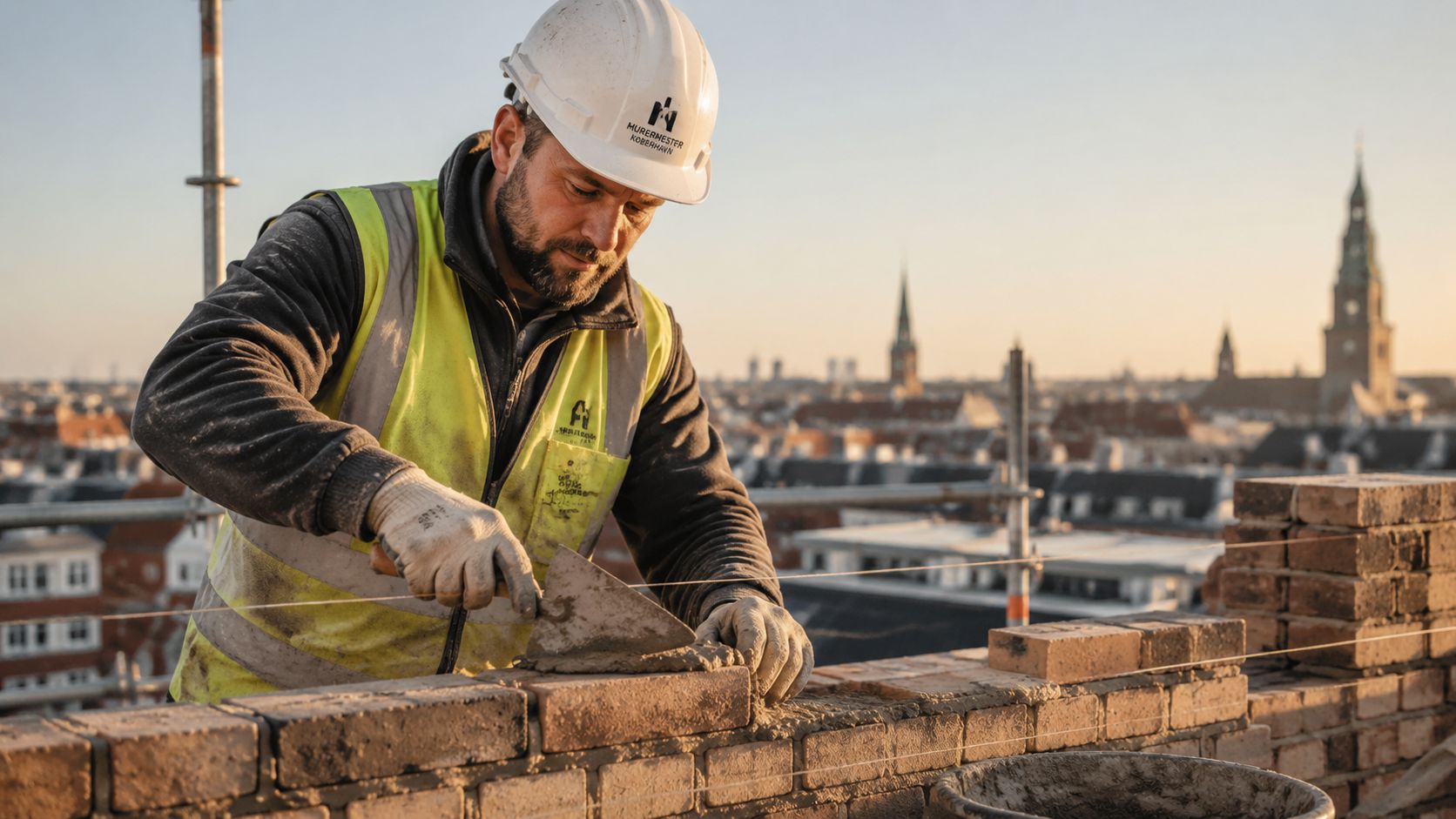 En murer i sikkerhedsudstyr arbejder fokuseret på en tagkonstruktion med en smuk udsigt over Københavns historiske bygningsværker.