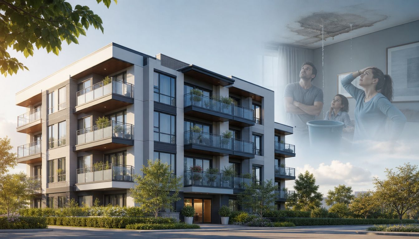Moderne etageejendom med en familie indendørs, der oplever en utæt loftsskade og vandindtrængning i lejligheden.