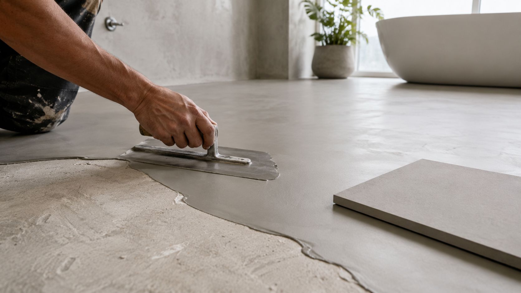 Håndværker på knæ, der udglatter et lag microcement på et badeværelsesgulv med et stålbræt.