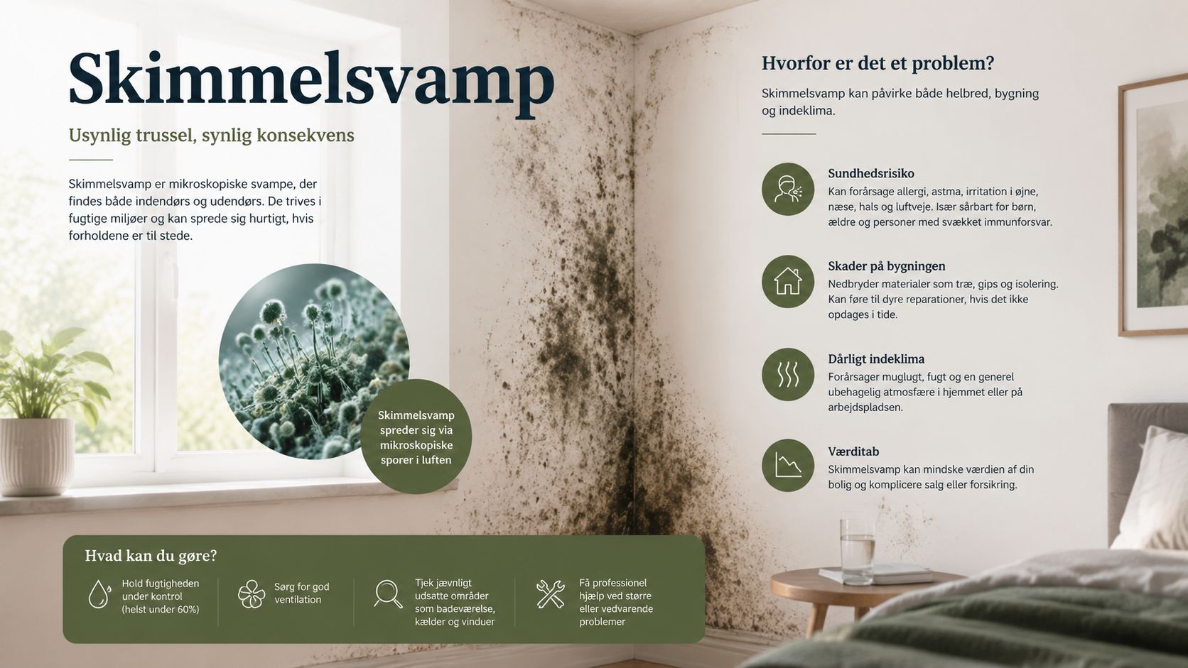 Infografik der forklarer hvad skimmelsvamp er, hvilke problemer det medfører, og hvordan man kan forebygge det.