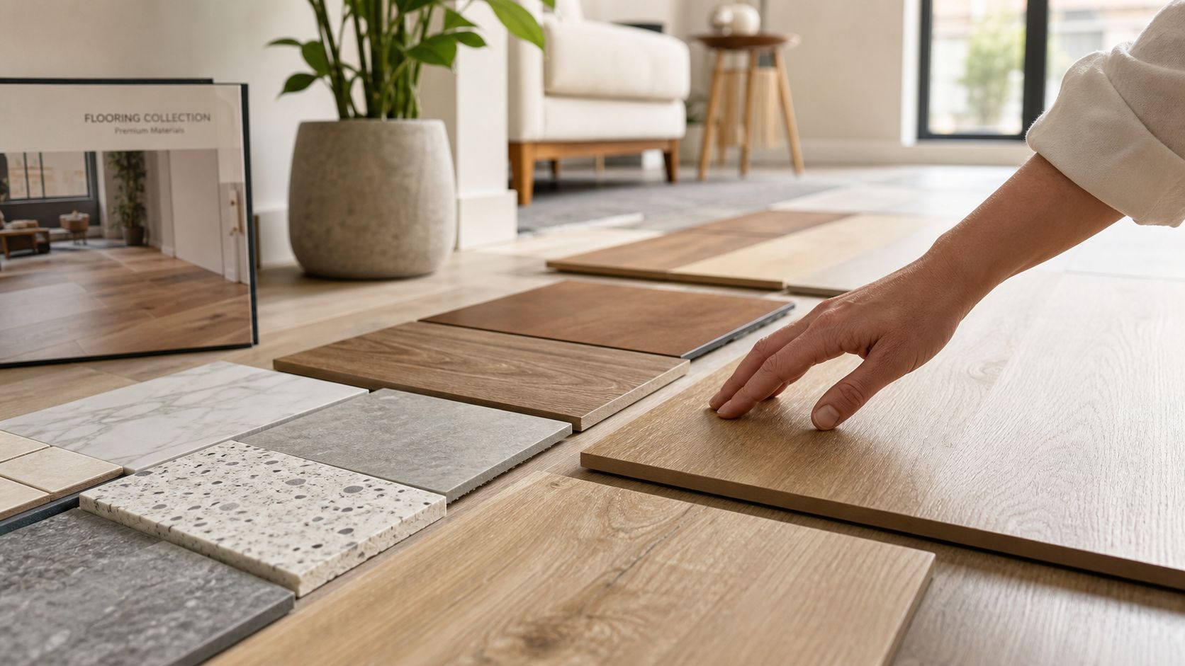 En person vælger mellem forskellige gulvprøver af træ, fliser og sten til renovering af et nyt gulv.