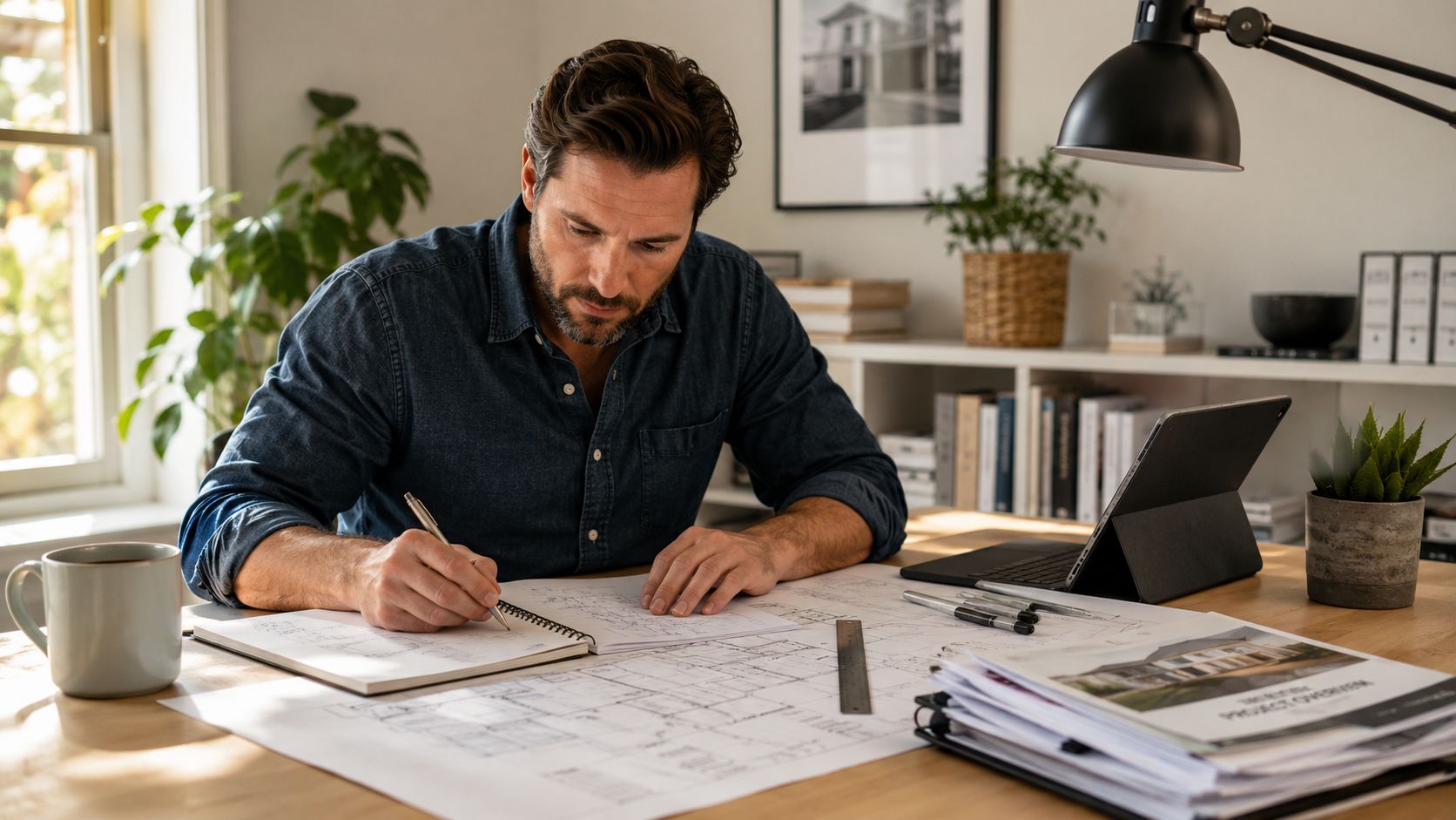 En arkitekt eller designer arbejder koncentreret ved sit skrivebord med tegninger, en bærbar computer og skitser.