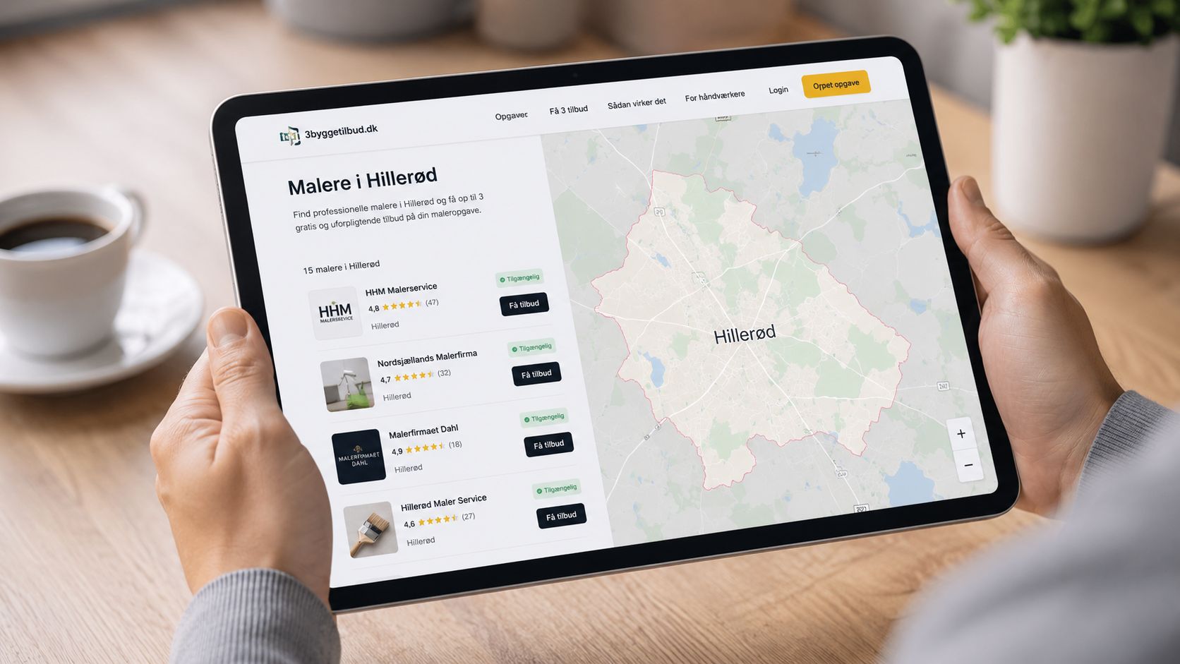 En person holder en tablet, der viser en liste over malere i Hillerød på 3byggetilbud.dk hjemmesiden.