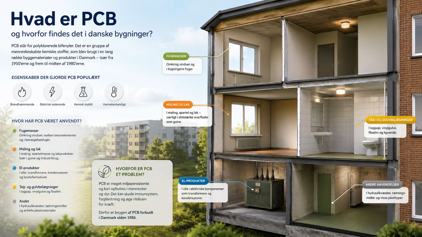 En infografik der forklarer hvad PCB er, hvor det blev anvendt i bygninger, og hvorfor det er miljøskadeligt.