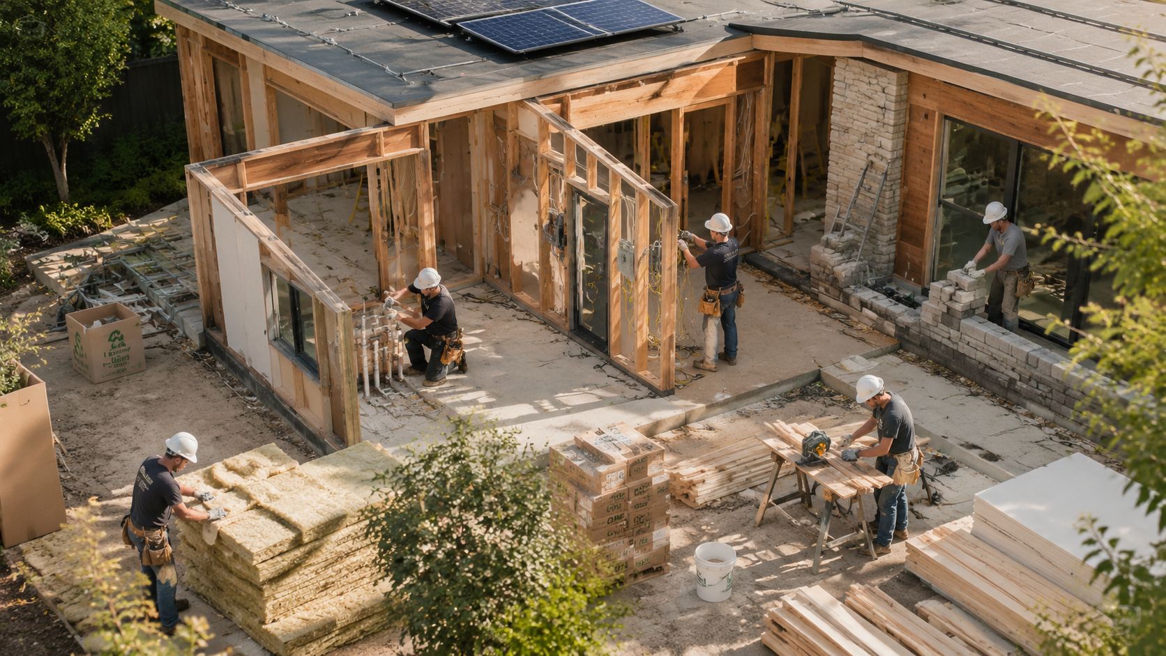 En gruppe bygningsarbejdere i gang med konstruktionen af et moderne hus med solceller på taget