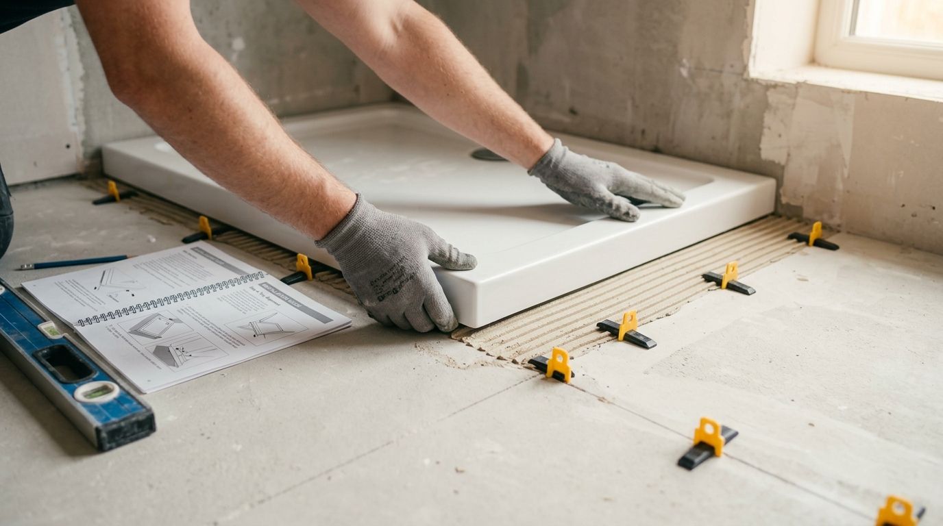 En håndværker placerer en hvid brusebund præcist på et lag fliseklæber under en badeværelsesrenovering.
