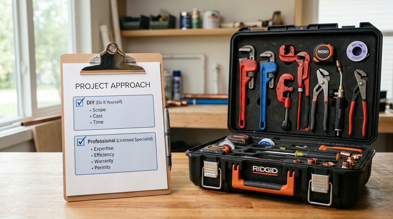 En planlægningsliste ved siden af en værktøjskasse med VVS-udstyr til gør-det-selv eller professionel installation.