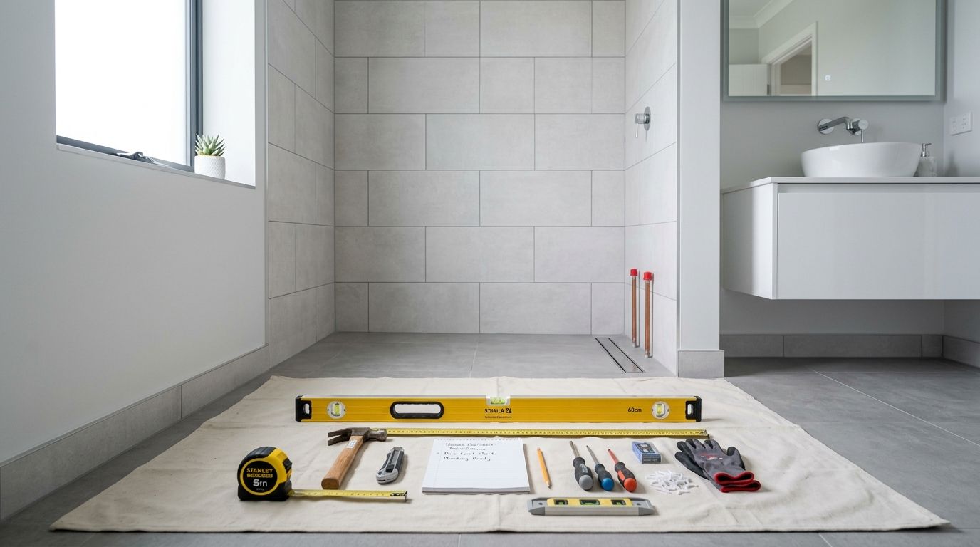 Værktøj til installation af brusekabine lagt frem på et beskyttelseslagen i et moderne badeværelse under renovering.
