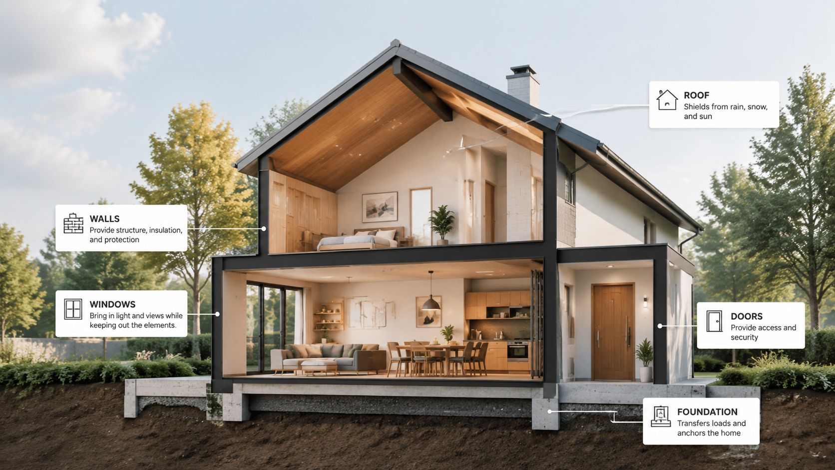 En tværsnitsvisning af et moderne hus, der illustrerer de forskellige komponenter i en klimaskærm som fundament, vægge og tag.