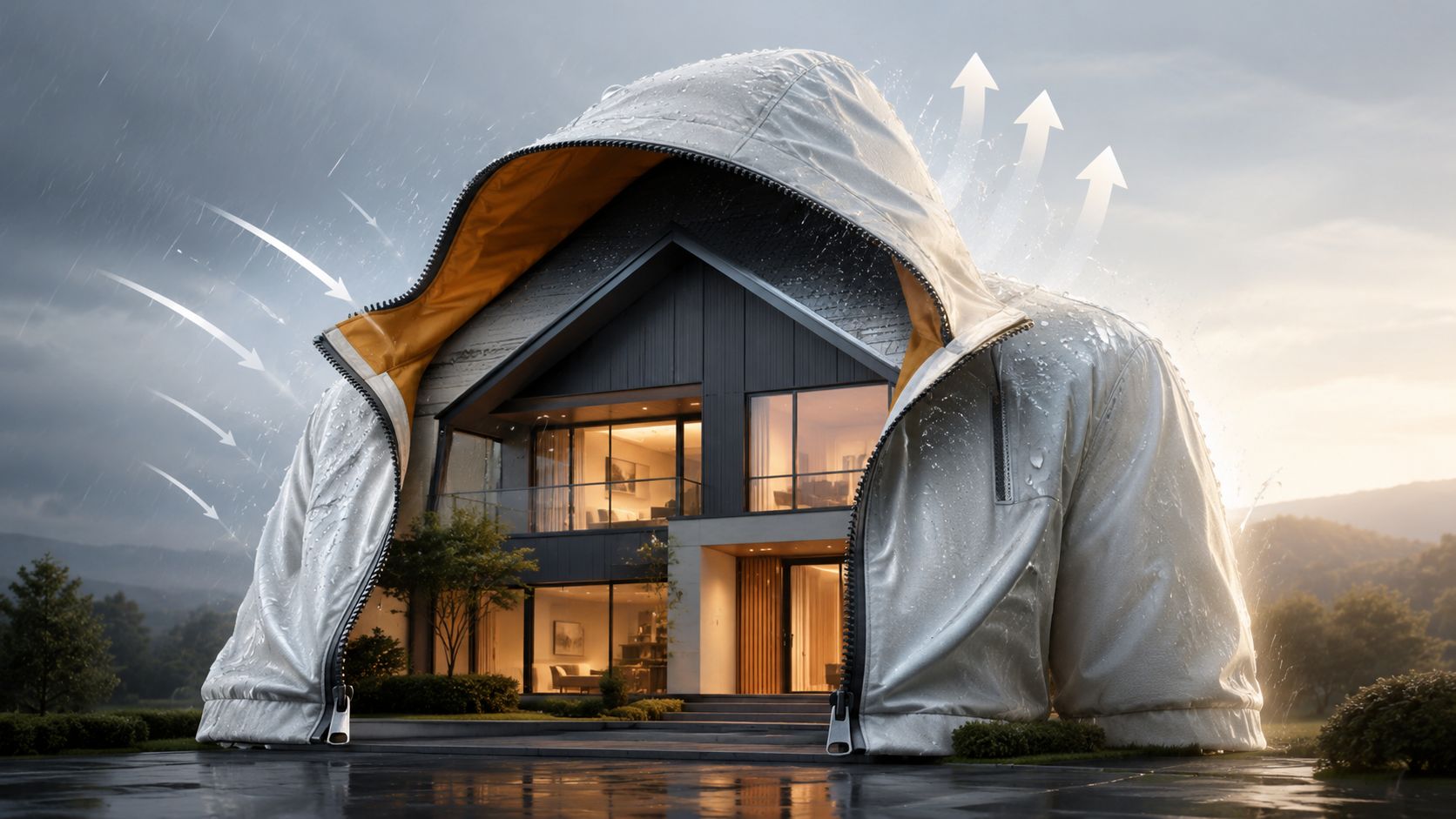 Et moderne hus indkapslet i en stor beskyttende jakke, der illustrerer konceptet om en effektiv klimaskærm til boliger.