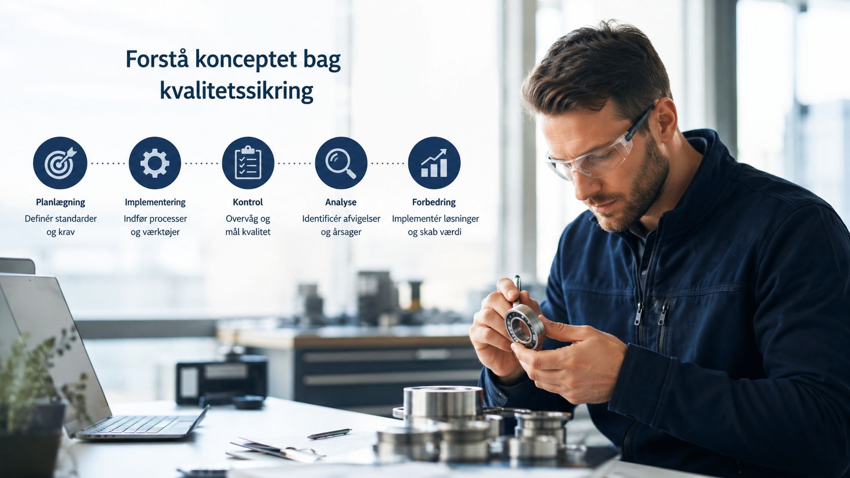 En ingeniør undersøger en metalkomponent ved sit skrivebord, ledsaget af en infografik om koncepter for kvalitetssikring.
