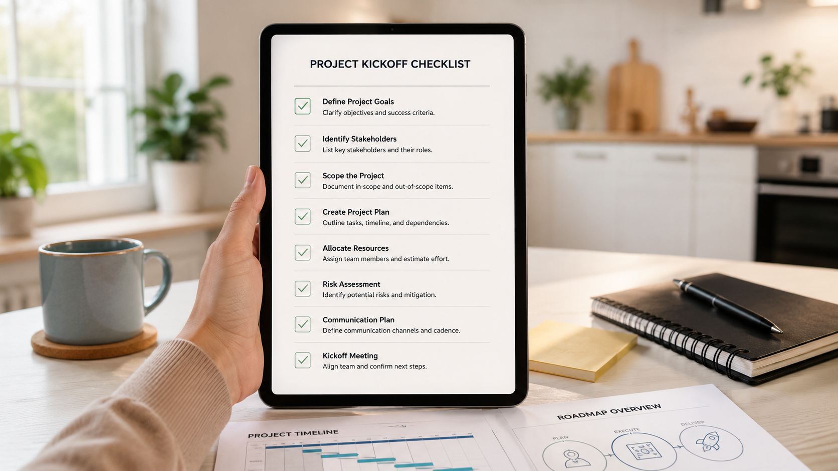 En person holder en tablet med en tjekliste til projektstart på et bord ved siden af papirer.