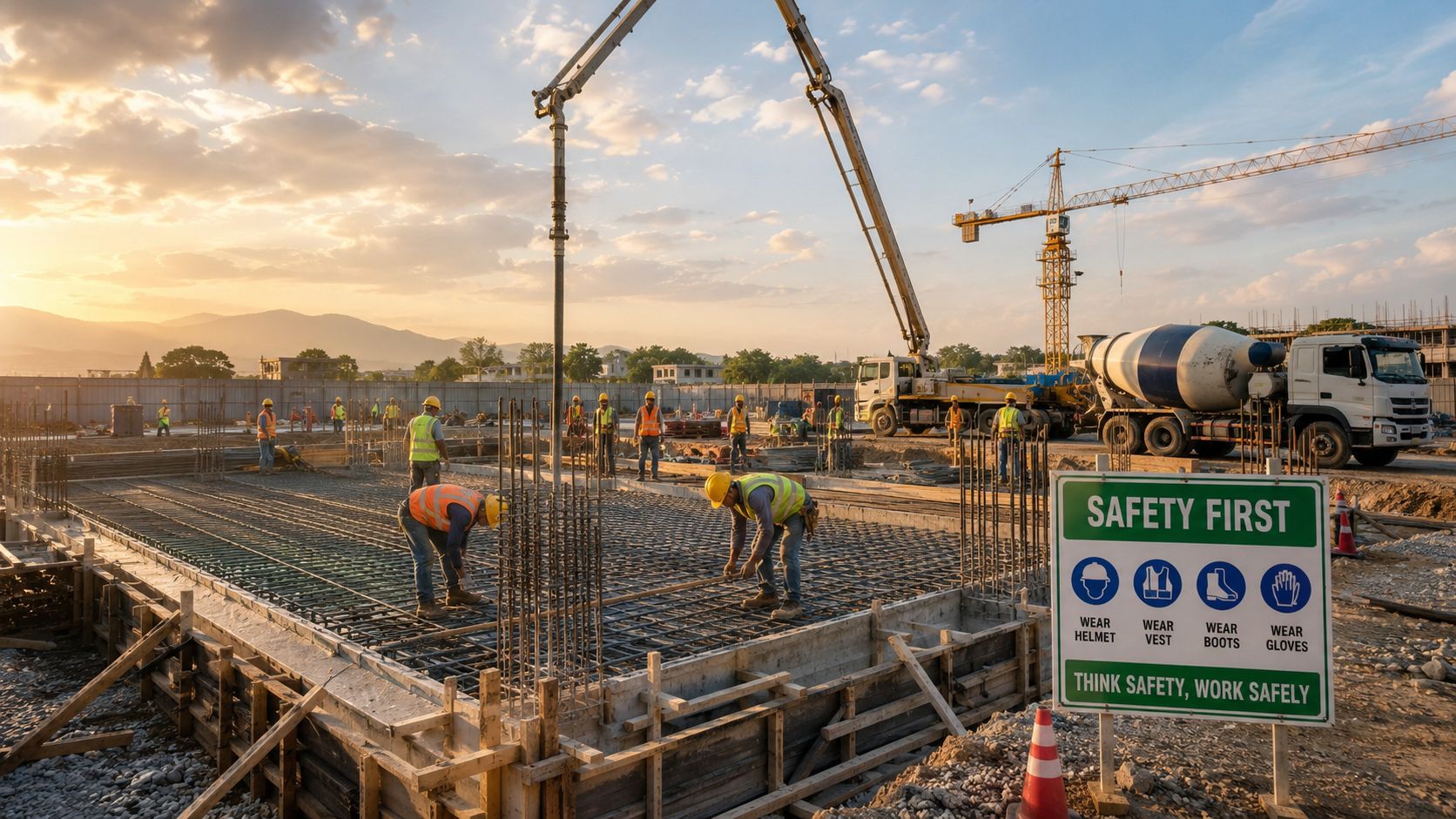 Byggearbejdere på en byggeplads ved solnedgang, der følger sikkerhedsinstrukser og arbejder med støbning af fundamentet.