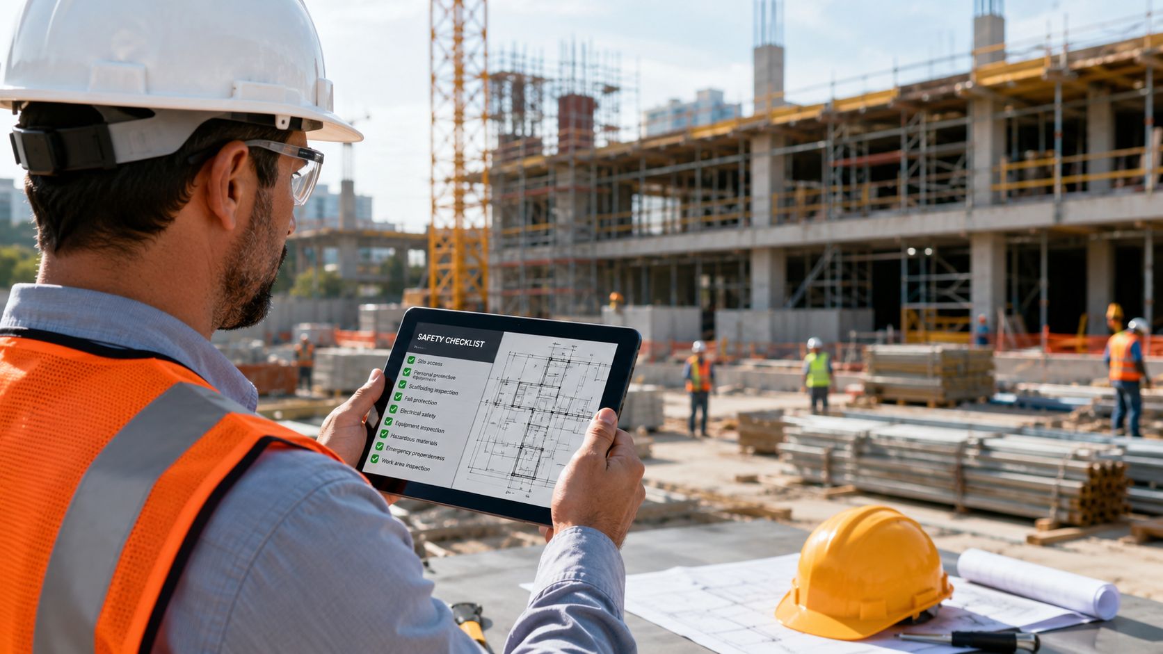 Byggeleder i hjelm og vest tjekker sikkerhedsforhold på en tablet ved en aktiv byggeplads med stilladser.