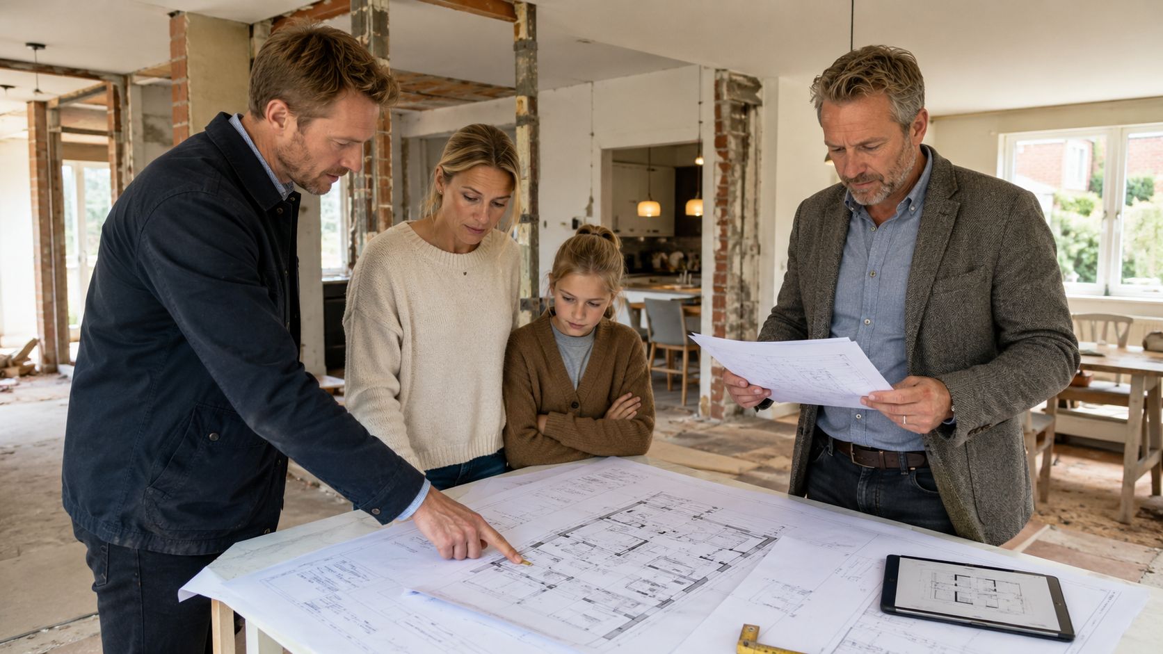 En familie på tre står med en arkitekt i et hus under renovering og gennemgår byggetegninger sammen.