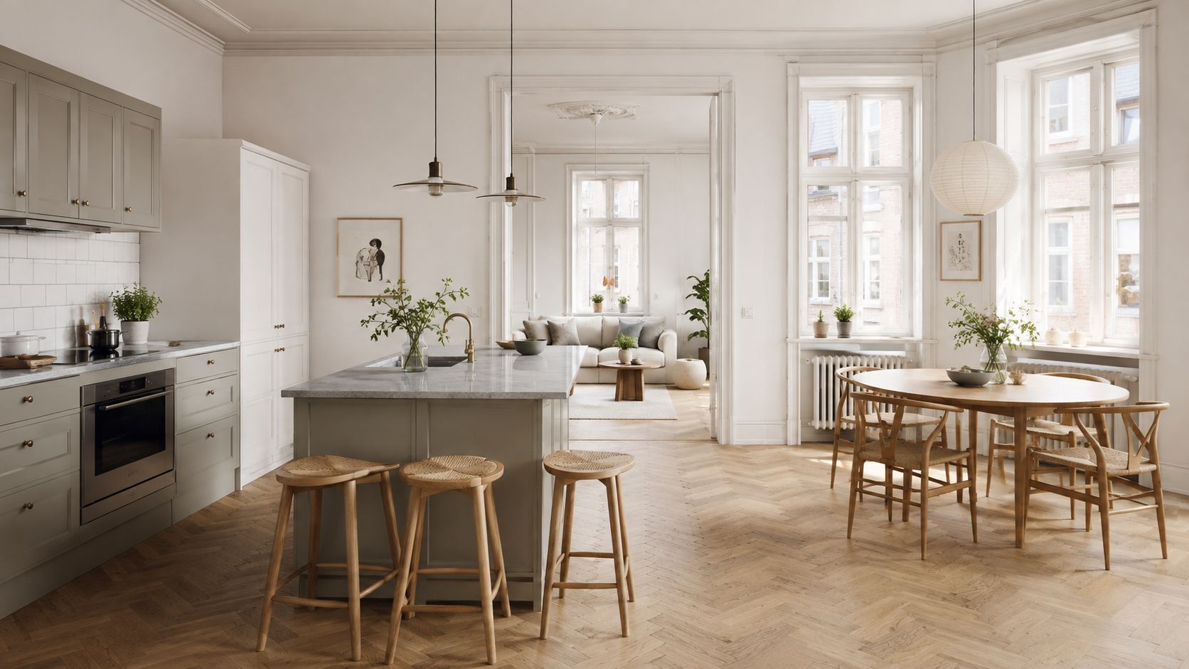 Et lyst og moderne køkken med sildebensparket, køkkenø, barstole og en elegant spiseplads i åben planløsning.