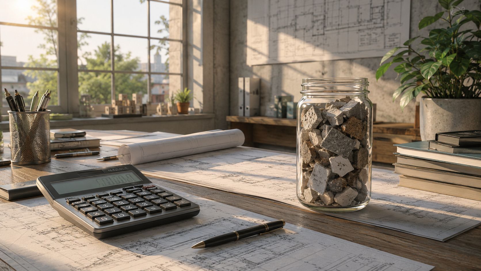 Et skrivebord med arkitekttegninger, en lommeregner og et glas med genanvendte stenstykker i et solrigt kontor.