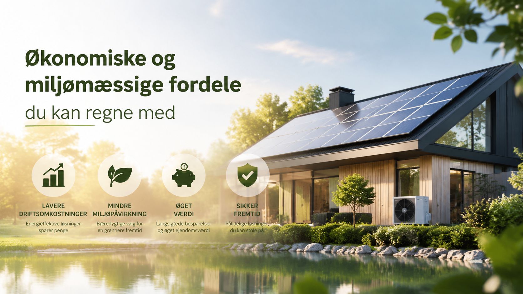 Et moderne hus med solceller på taget og en varmepumpe i haven ved en rolig sø.