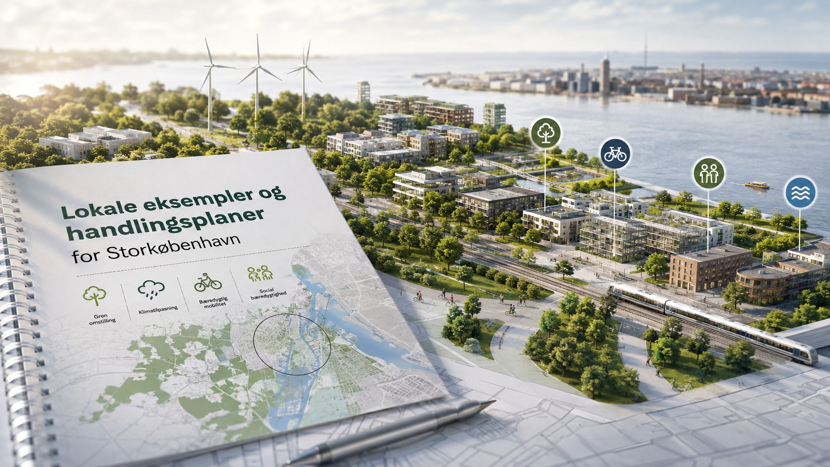 Illustration af byplanlægning i Storkøbenhavn med fokus på bæredygtighed, grøn omstilling, cykling og social ansvarlighed i bymiljøet.