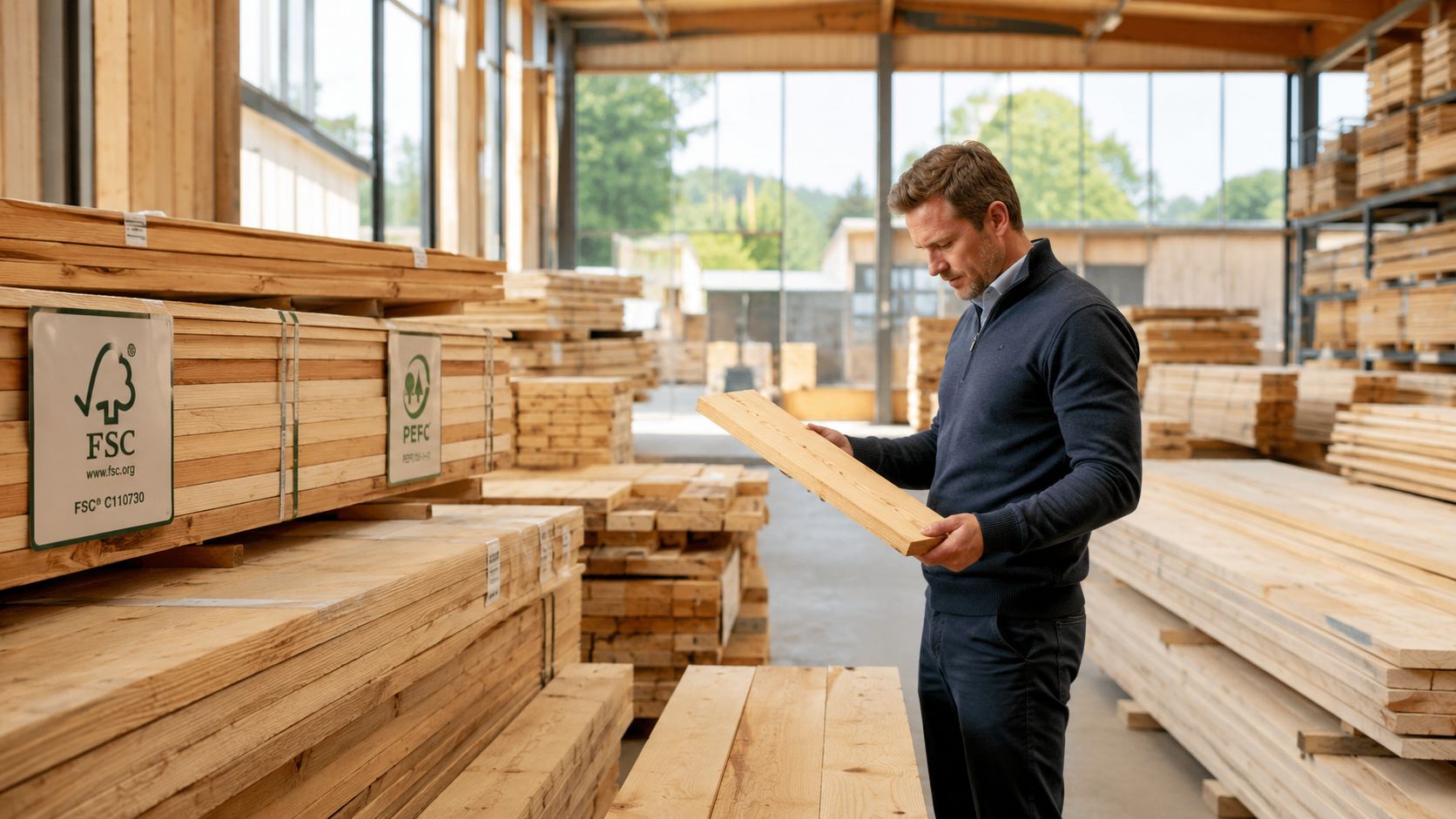En fagmand inspicerer en FSC- og PEFC-certificeret træplanke i en stor, organiseret tømmerhandel med stablede træmaterialer.