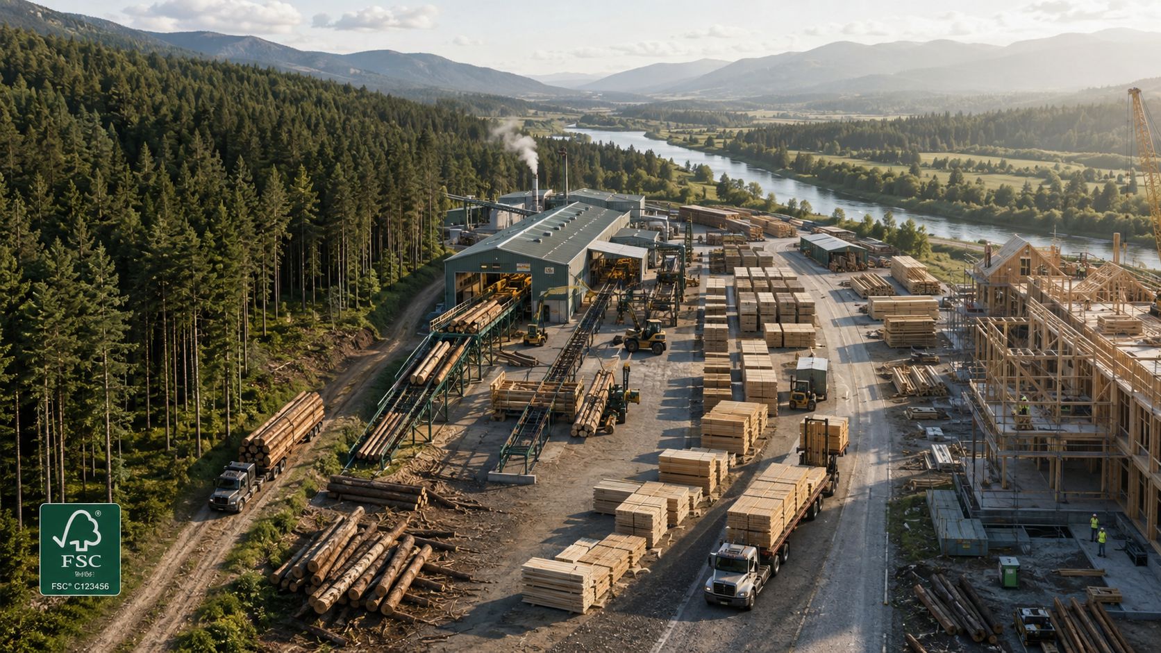 Et luftfoto af et savværk i en skov med FSC-certificeret træ, der transporteres og forarbejdes til konstruktion.