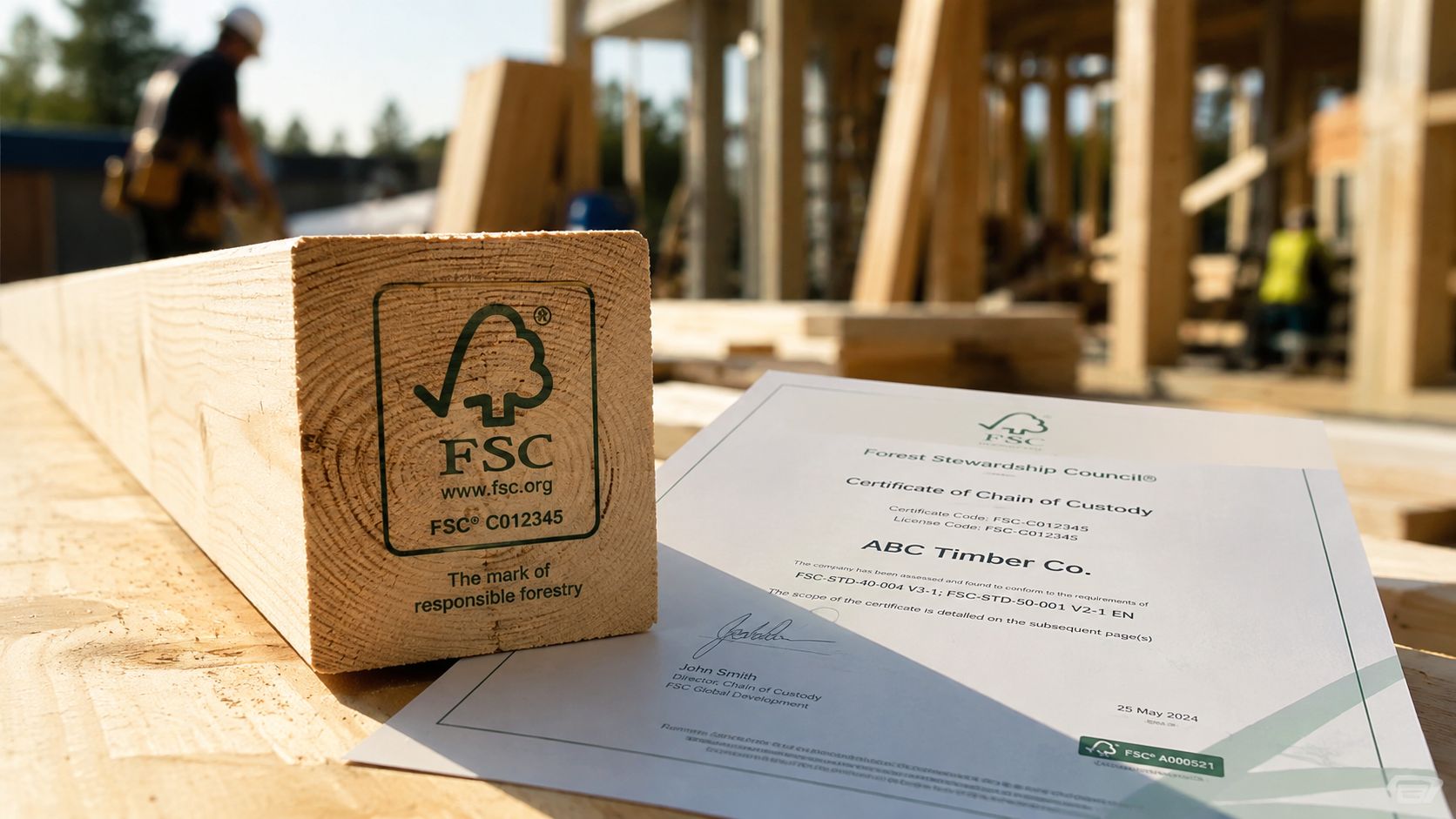 FSC-certificeret træbjælke ved siden af et officielt FSC Chain of Custody-certifikat på en byggeplads.