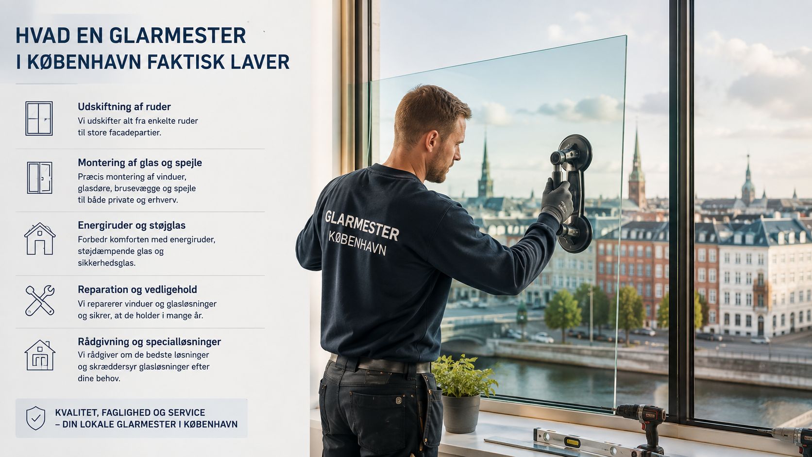En glarmester i København arbejder på at montere en stor glasrude i en moderne bygning med udsigt.