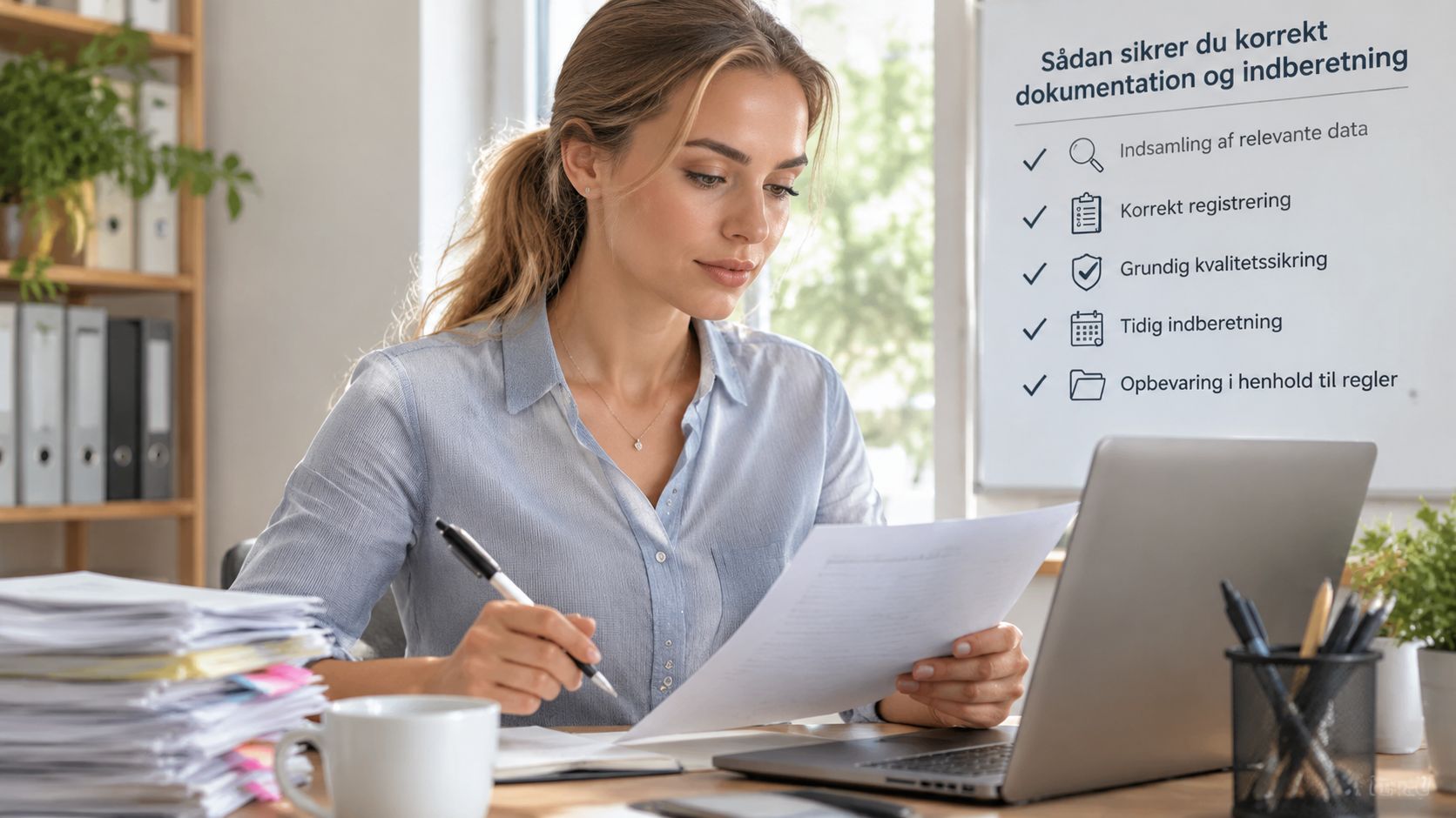 En kvinde ved sit skrivebord, der arbejder med dokumentation og indberetning relateret til håndværkerfradrag og økonomi.
