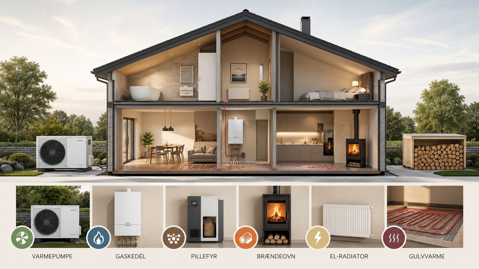 Tværsnit af et moderne hus der illustrerer forskellige metoder til opvarmning, herunder varmepumper, gasfyr og gulvvarme.