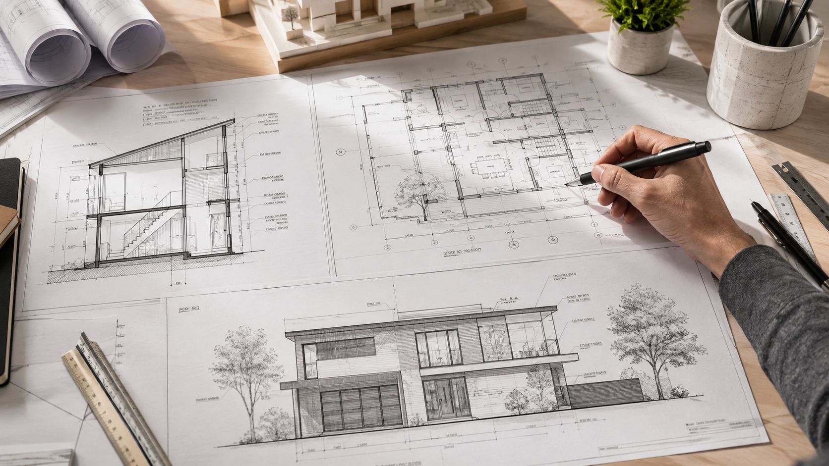 En arkitekt tegner detaljerede byggetegninger til et moderne hus på et træbord med forskellige arkitektoniske værktøjer.