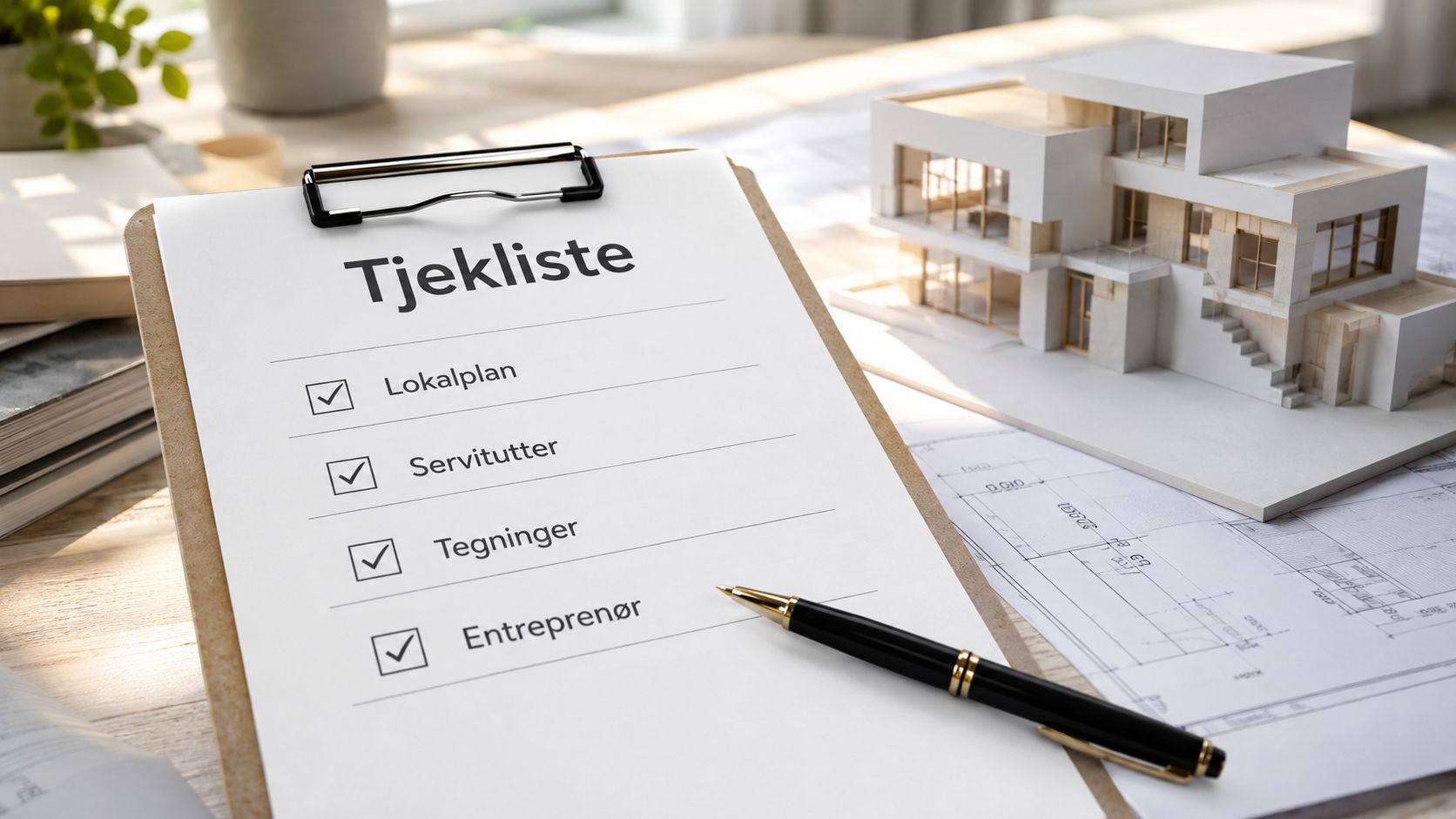 En tjekliste med byggeplaner, arkitekturmodel og pen på et skrivebord, klar til at søge byggetilladelse.