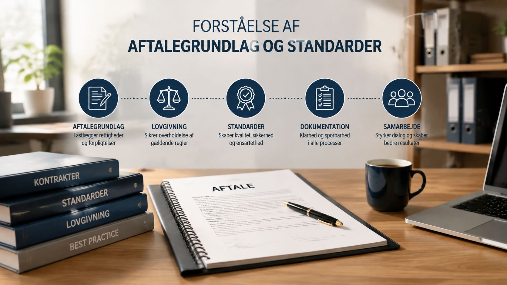 Illustration af aftalegrundlag og standarder med ikoner for juridiske dokumenter, lovgivning, kvalitetssikring, dokumentation og professionelt samarbejde.