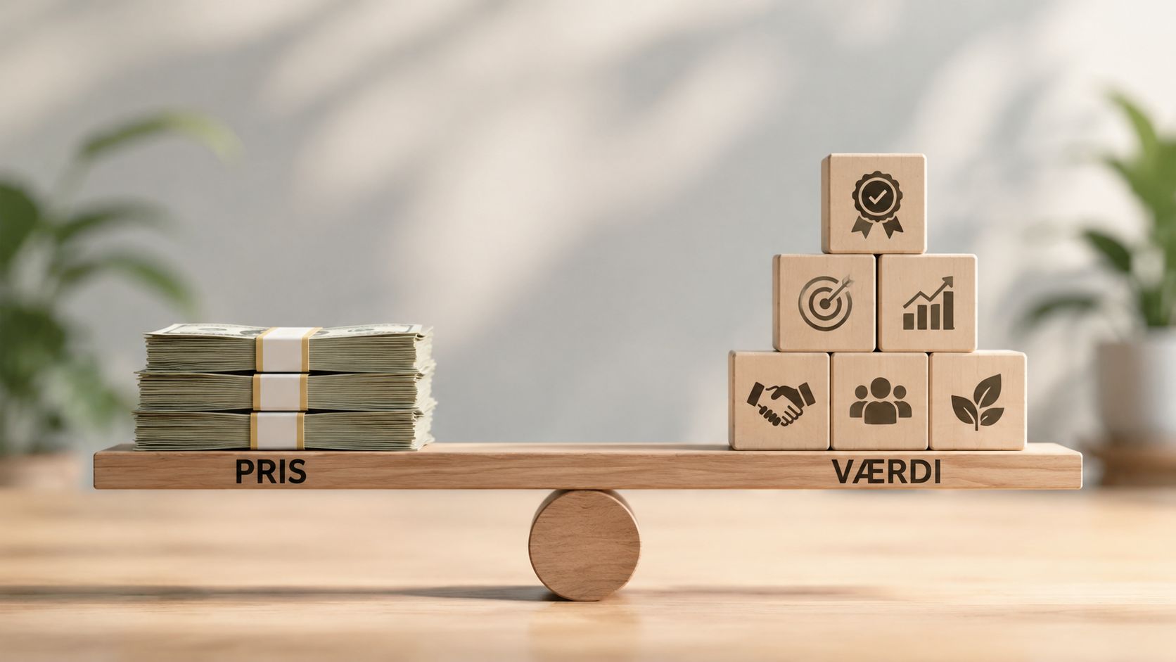 En vægtbalance illustrerer balancen mellem pris og værdi med penge på den ene side og symbolblokke på den anden.
