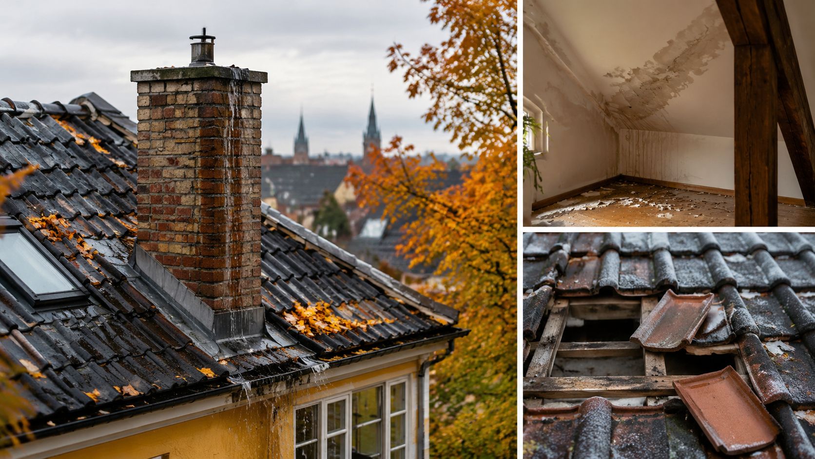 Et beskadiget tag med utætheder, der forårsager vandskader i en loftslejlighed og kræver reparation af tagsten.
